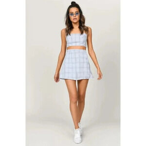 Tobi Light Blue Plaid Button Side Mini Skater Skirt S